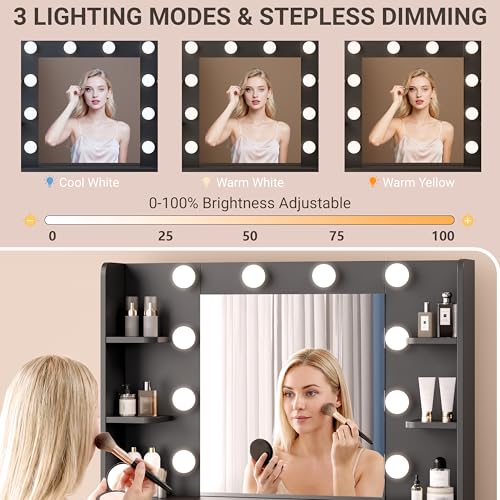 Image of Vanity Desk with Mirror and Lights, Fluted Makeup Vanity with 8 Drawers, Storage Shelves, RGB Light and Power Outlet, Bedroom Dessing Table for Women, Girls, Black,56.7 inch