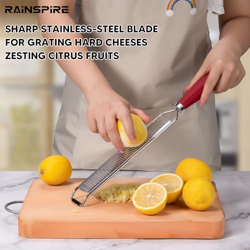 Image of Rainspire Zester Grater with Handle, Lemon Zester Cheese Grater for Kitchen Stainless Steel, Parmesan Cheese Garlic Nutmeg Chocolate Fruits Vegetables Ginger Grater, Fine, Red