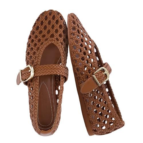 CUSHIONAIRE Wit Hand Woven Womens Flats Comfortable Mary Jane Ballet Flat with Adjustable Buckle Braided Strap and Cushioned Memory Foam COGNAC 10W