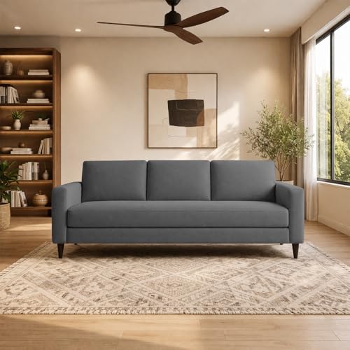 Image of Carlos 3 Seater Sofa Set for Living Room & Home Office, Modern Furniture Fabric Sofa Couch with Comfortable Soft Cushioning, Durable Wooden Frame, Stylish Seating for Home (Dark Grey)