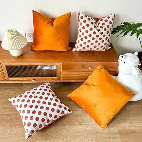 HOPLEE Orange Throw Pillow Cover 18x18 Pillow Covers Decorative Cushion Cover with Polka Dot and Solid Orange Design 18x18 inches,4 Pack Cover