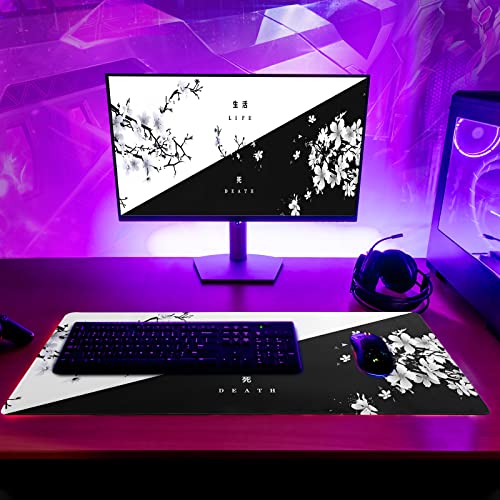 Black and White Japanese Cherry Blossom Gaming Mouse Pad Sakura Death Life Flower Mat 31.5x11.8 Inch Texture Non-Slip Rubber Base Mousepad Stitched Edges Keyboard Desk Pad