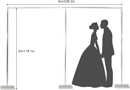 Miniatura 2 de Soporte de telón de fondo de 10 x 20 pies resistente con base, kit de tubo de fondo de boda plateado, soporte cuadrado de arco de globos de metal,