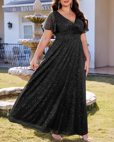 Image of Talisea Plus Size Formal Dresses - V Neck Flutter Sleeve Glitter Prom Evening Gowns Wedding Guest Chiffon Long Maxi Dress