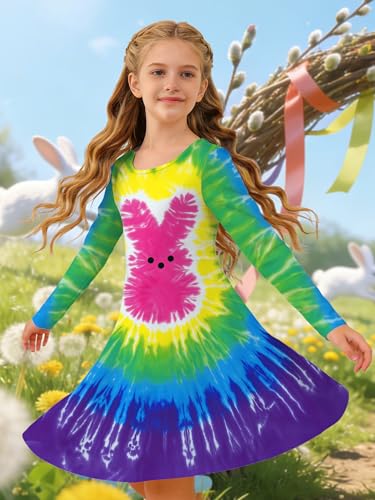 Image of Ithalt Girls Easter Dress Bunny Print Shirts Easter Long Sleeve Dresses Litter Girls Christian Easter Gifts 5-12y