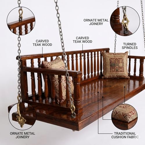 Image of APRODZ Swing for Home Reversible Sheesham Wooden Jhula for Adult for Home | Wooden Swing for Balcony | Hanging Swings with Brass Coated Chain | Patio Double Seater Indoor /Outdoor Swing, 132 x 58cm