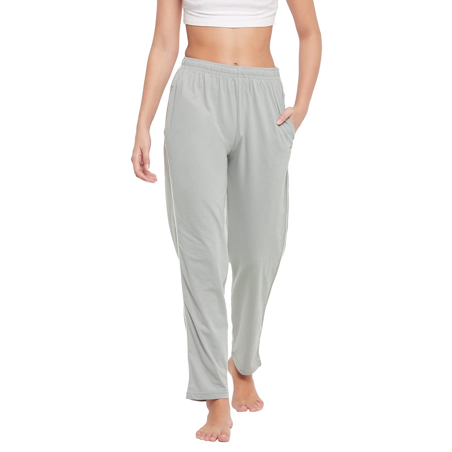 Orewaby OKANE Women's Striped Regular Fit Cotton Track Pants with 2 Pockets (1 Zipper), ICE Olive L