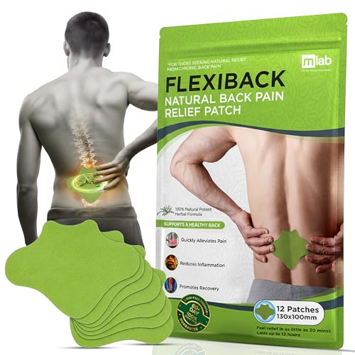 Image of FlexiBack Warming Herbal Back Pain Patches with 12-Hour Extra Strength & Adhesion - Bone-on-Bone, Spinal Joint Inflammation & Muscle Strain Support - 12 Heat Patches for Lower Back Pain Relief