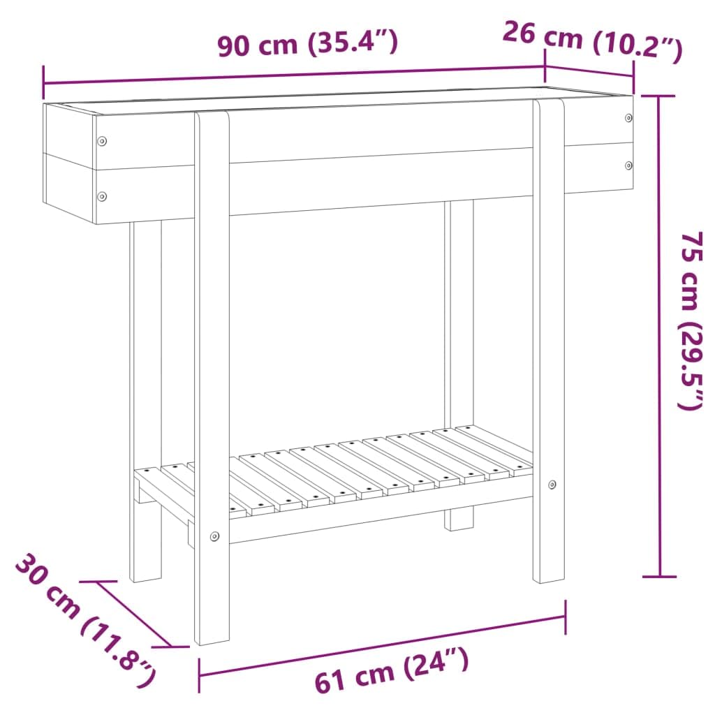 Jardinera de madera maciza de acacia, 90 x 30 x 75 cm, con estante, resistente a las heladas, para balcón, terraza y jardín, jardinera, interior y exterior, maceta, almacenamiento de agua
