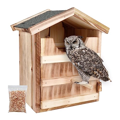Image of Owl House Owl Nesting Box for Outside: Handmade Wooden Bird House with Bird Stand - 100% Solid Wood Nesting Box