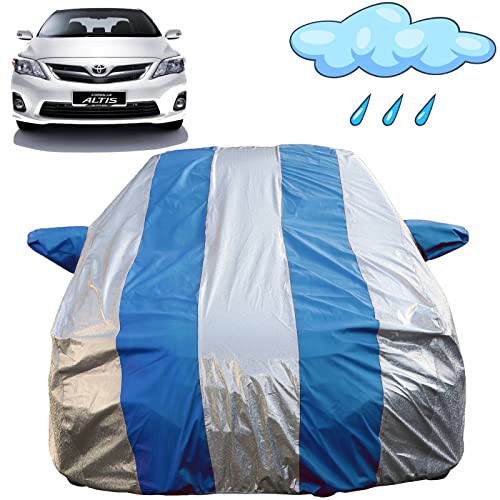 Image of Autofact Waterproof Car Body Cover Compatible with Toyota Corolla Altis (2008 to 2018) with Mirror Pockets (Blue Stripes with Shinning Silver Fabric /Waterproof Cover)