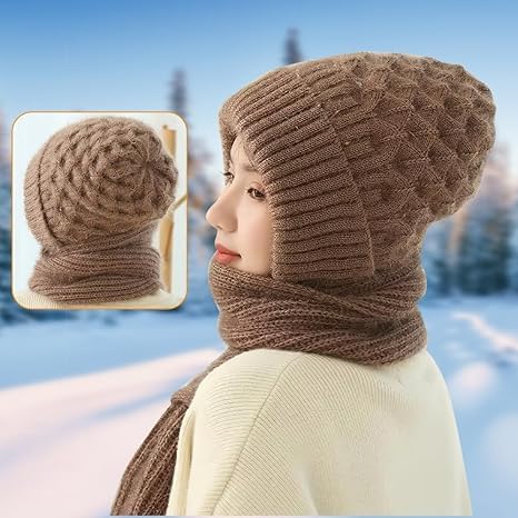 NIYANETAIL 2 in 1 Winter Warm Knitted Beanie Hat with Scarf | Windproof Cap with Integrated Ear Protection | Soft & Thick Woolen Beanie Stole Combo | Unisex | Multicolour 1