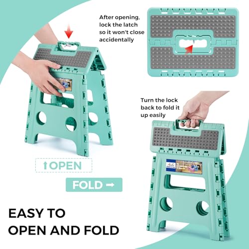 Image of ACKO Folding Step Stool 13 Inch Stool Heavy Duty Plastic Foldable Step Stools for Kids, Stepping Stool with Handle, Suitable for Kitchen Hold Up to 300 LB (Teal 1PC)