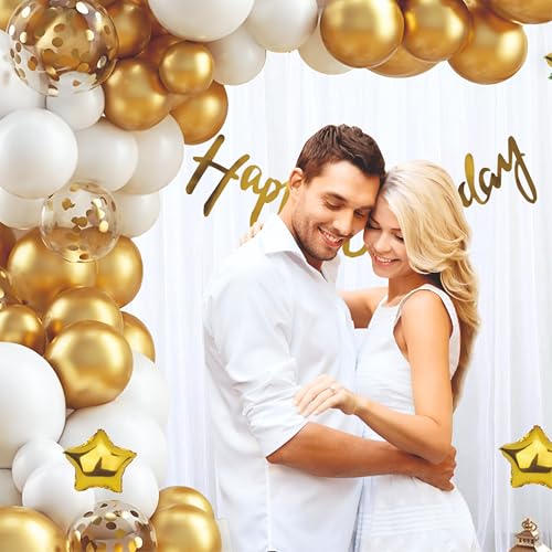 Image of Golden, White Balloons with White Net curtain, Pack of 59 Pcs for Birthday decoration, home party celebration