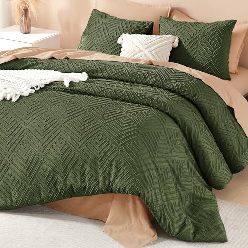 Image of Litanika Olive Green Queen Comforter Set, 3 Pieces Tufted Boho Farmhouse Bedding Comforter Sets, Lightweight Fluffy Comforter Bed Set for All Season (90x90In Comforter and 2 Pillowcases)