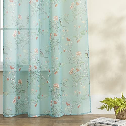 Image of XTMYI Turquoise Blue Eclectic Boho Sheer Curtains, Botanical Pattern Funky Global Artistic Bohemian Breezy Window Panel for Bedroom Living Room, 96 Inch Long 2 Panel Set
