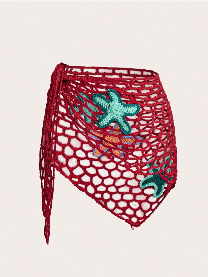 Crochet Beach Sarong Wrap, Red Mesh with Starfish Appliques, Swimsuit Cover Up2