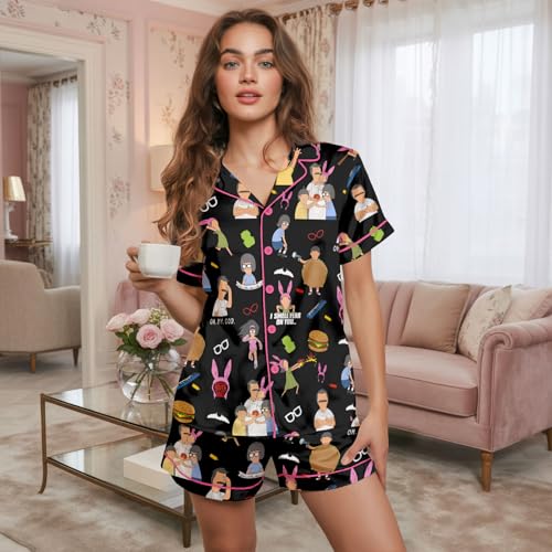 Image of Women 2 Pcs Short Satin Pajama Set Printed Silky Soft Loungewear