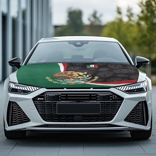 Image of Mexican Flag Design Car Hood Cover Elastic Polyester Car Hood Protector Auto Hood Flag Waterproof Sun-Proof Automotive Accessories for Sedan SUV Truck Pickup