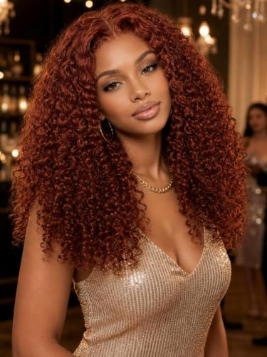 Image of KLAIYI Reddish Brown Burmese Curly Precut 7x5Lace Front Wigs Human Hair 22 inch | Bye Bye Slip Glueless Drawstring Wig Finger Coil Ends Pre Plucked Bleached Knots Pre Everything 30S Ready to Wear and Go Wig