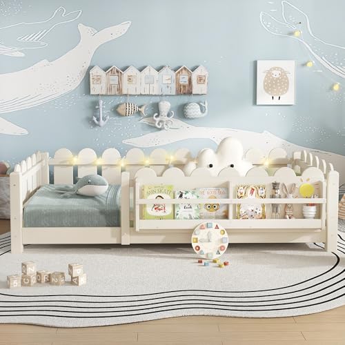 Bellemave Twin Floor Bed with Rails and Slats, Twin Size Montessori Floor Bed with Bookshelf, Fence and Lights, Low Profile Montessori Beds Frame for Girls, Boys, Beige by Bellemave - Image 2