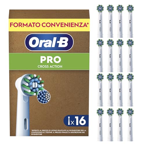 Oral-B Testine di Ricambio, Cross Action, Bianche, 16 Ricambi - 16 Testine di Ricambio per Spazzolino Elettrico, Autentiche, Setole Angolate che si Adattano a ogni Dente per una Pulizia Profonda