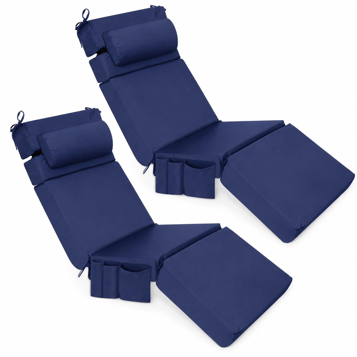 TDHLW ,navy blue,2pc, 2 PCS Waterproof Chaise Lounge Chair Cushions, 4" Thick Outdoor Folding Recliner Cushion Pads with Headrest, Side Storage Pockets, Secure Ties for Patio, Poolside, Lawn