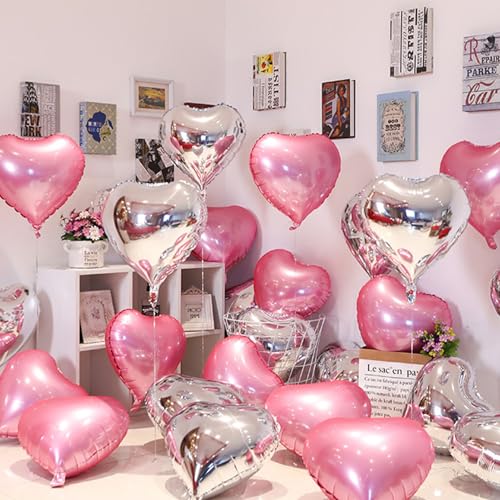 Image of White-Pink Heart Balloons,18inch Bright Pink Heart Shaped Foil Balloons & Snowy White Helium Mylar Balloon for Anniversary Wedding Engagement Birthday Party Baby Shower Decorations