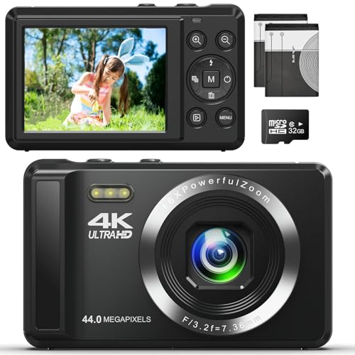 Cámara fotográfica digital 4 K 64 MP con zoom digital 16X compacta con tarjeta de 32 GB para niños, estudiantes principiantes