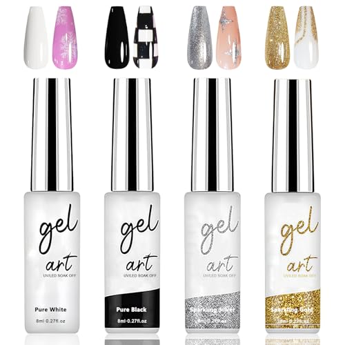 4 Farben Gel Liner Nail Polish Set - Liner Nagellack Langanhaltend - Schwarz Weiß Glitter Gold Silber Nagellack für UV Lampe - Klassisch Painting Gellack for Drawing Lines, French Manicure (B)