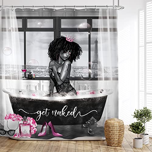 Glawry Sexy Black Girl Shower Curtain African American Woman Bathroom Curtains Set 60Wx72L Inches Get Naked Fashion Afro Lady Grey Pink Floral Bath Accessories Art Home Decor Fabric 12 Pack Hooks #TOP18