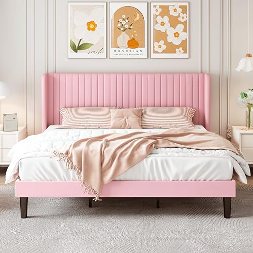 Image of SHA CERLIN King Size Velvet Bed Frame, Tufted Wingback Headboard, Pink | 47'' Modern Vertical Channel Headboard, Upholstered Platform Bed, Wood Slats, No Box Spring Needed, Easy Assembly, Noise Free