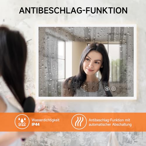 YOLEO Badspiegel mit Beleuchtung, LED Spiegel mit Bluetooth-Lautsprecher, Wandspiegel mit Steckdose, Badzimmerspiegel LED Beschlagfrei mit Touchschalter, 3 einstellbare Lichtfarbe, 80x60cm 3