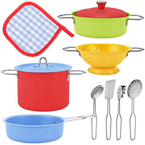 Liberty Imports Kids Play Kitchen Toys Pretend Cooking Multicolor Stainless Steel Pots and Pans Metal Kitchen Set with Utensils (11 Pieces)