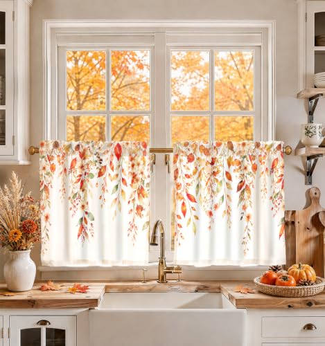 Image of Miss Adola 24 Inch Length Kitchen Tier Curtains Fall Leaves Cafe Curtains