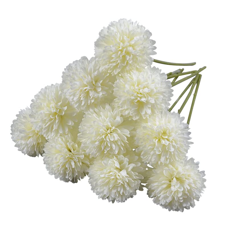 DH EYB10 PCS Artificial Flowers Chrysanthemum Ball Bouquet, Silk Floral Fake Long Stem Hydrangea Bouquet Suitable f or Home Garden Party Office Coffee House Decoration Wedding (White)