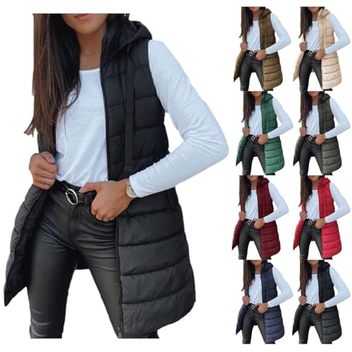 Long Puffer Vest Women Casual Sleeveless Puffy Jacket Quilted Hooded Vests Padded Coat Fall Winter Outerwear Gilet