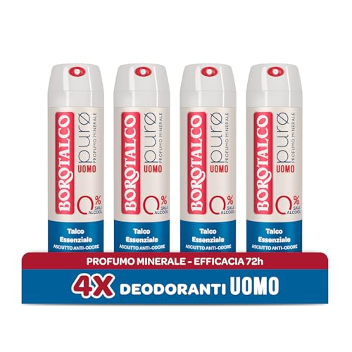 Borotalco, Desodorante para hombre en spray puro con talco esencial, fórmula sin alcohol y sales de aluminio, seco contra los olores, eficacia 72 horas, fragancia mineral, 4 botellas de 150 ml