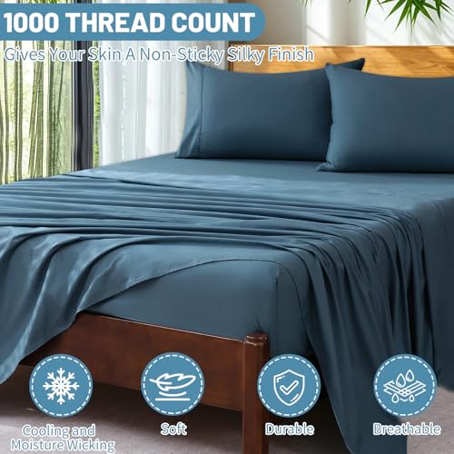 Image of Extra Deep Pocket California King Sheets 18-24 Inch 100% Egyptian Cotton 1000 Thread Count Sateen Weave Soft Breathable 4 Pieces(Cal King,Dusty Blue)