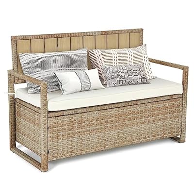 YITAHOME 70 Gal Outdoor Storage Bench, All-Weather PE Rattan Deck Box, Wicker Storage Seat Box for Patio Furniture, Outdoor Cushions, Pool Storage and Garden Tools, Beige