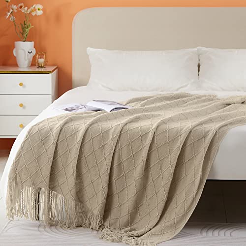 Touchat Knitted Beige Throw Blankets For Couch, Sofa And Bed, Lightweight Soft Knit Blanket With Tassel, Decorative Cozy Farmhouse Throw Blankets For Women And Man (Beige, 50''X60'') #TOP4