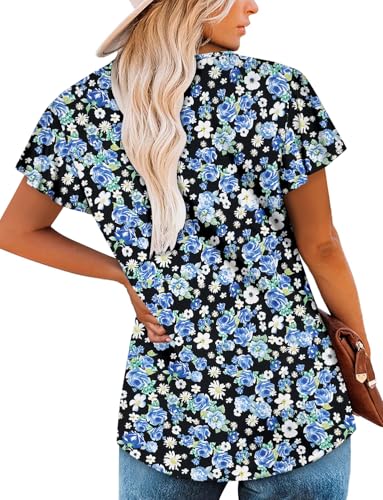 KISSMODA Tops for Womens Summer Cute Short Sleeve Shirts Trendy Notched Neck Blouses Casual Loose Pleated Tunics S-3Xl