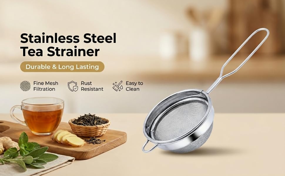 Image of Stainless Steel Tea Strainer 8.5 cm Double Mesh Chalani - Heavy Duty Fine Mesh Tea Filter for Kitchen, Rust Resistant, Easy Clean Tea Siever for Daily Use