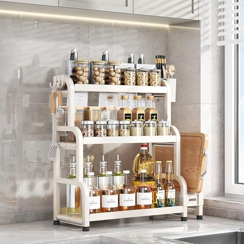 devesanter Estantería para especias de 3 niveles, capacidad para especias, estante de cocina, organizador de metal para encimera, con soporte para utensilios de cocina, soporte para tabla de cortar