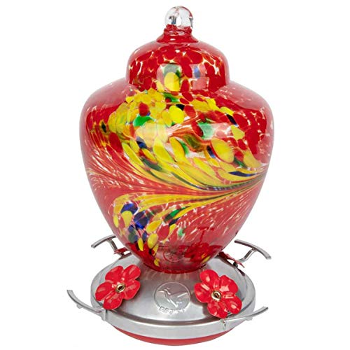 REZIPO Hummingbird Feeder with Perch - Hand Blown Glass - 38 Fluid Ounces Hummingbird Nectar Capacity Include Hanging Wires and Moat Hook(Red)