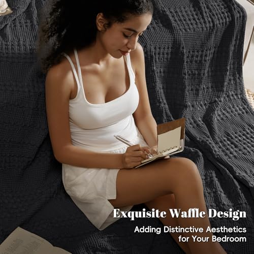 Image of PHF 100% Cotton Waffle Blanket King Size for Bed, Lightweight Breathable and Soft for Summer, Luxury Aesthetic Waffle Weave Blanket for Home Decor & Gifts for Women, 108 inchx90 inch, Black