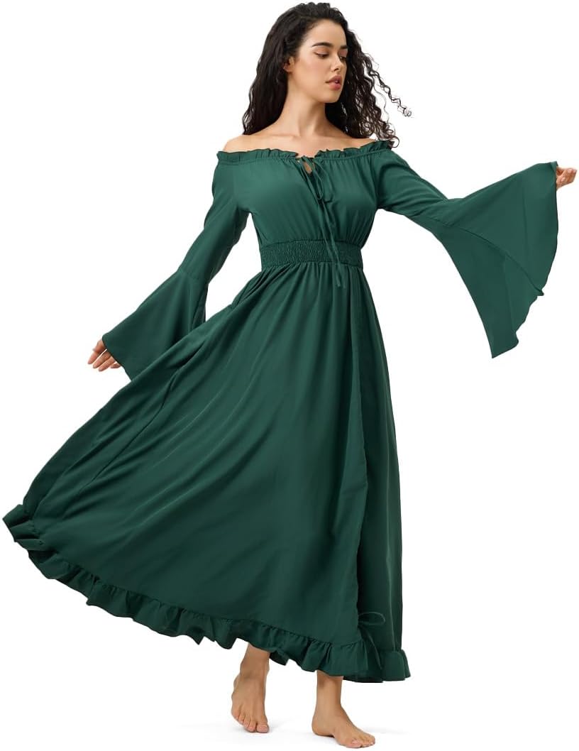 Renaissance Dress Women's Halloween Costume - Convertible Maxi Dress Lace-up V-Neck, Bell Sleeves & High-Low Skirt - Image 5