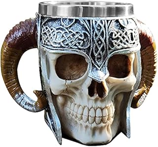 GuoShuang Stainless Steel Skull Mug Viking ram homed Pit Lord Warrior Beer Goat Horn Resin tankard Coffee Mugs Tea Cup Halloween bar Gift