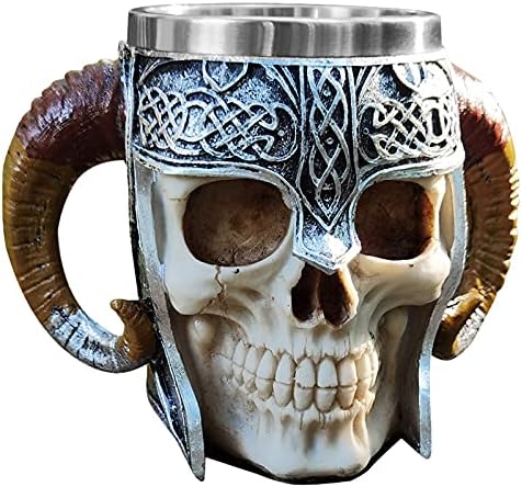 GuoShuang Stainless Steel Skull Mug Viking ram homed Pit Lord Warrior Beer Goat Horn Resin tankard Coffee Mugs Tea Cup Halloween bar Gift