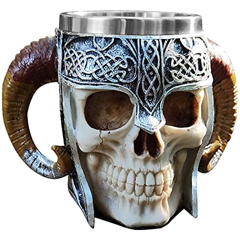GuoShuang Stainless Steel Skull Mug Viking ram homed Pit Lord Warrior Beer Goat Horn Resin tankard Coffee Mugs Tea Cup Halloween bar Gift Cover